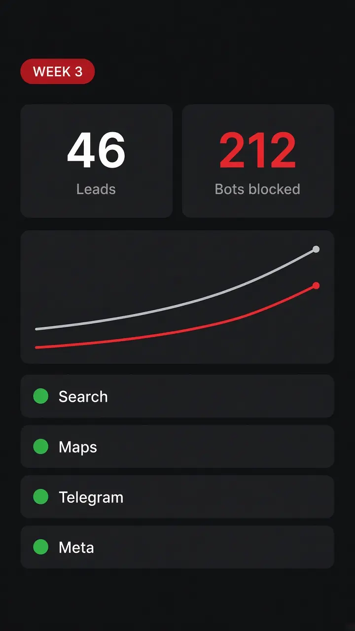 Week 3: ads, 46 leads, 212 bots blocked
